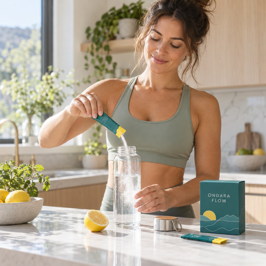Woman stirring an Ondara Flow electrolyte stick pack into a glass of water